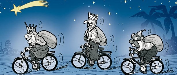 Resultado de imagem para cartoon reis magos em bike"